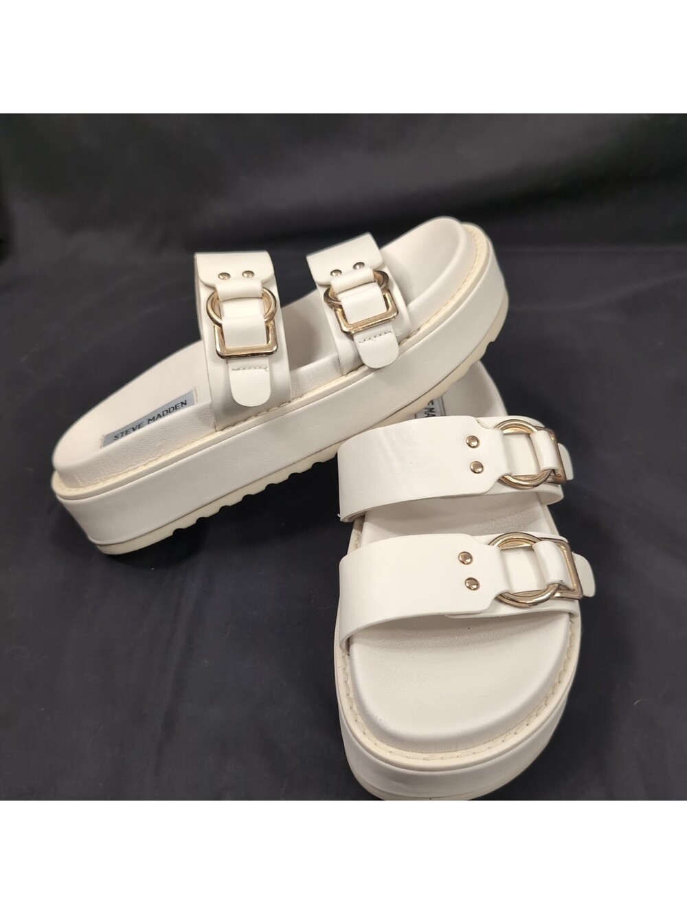Steve Madden Hanni Cream Double Strap Slide Sandals Gold Buckle Women's Size 7M